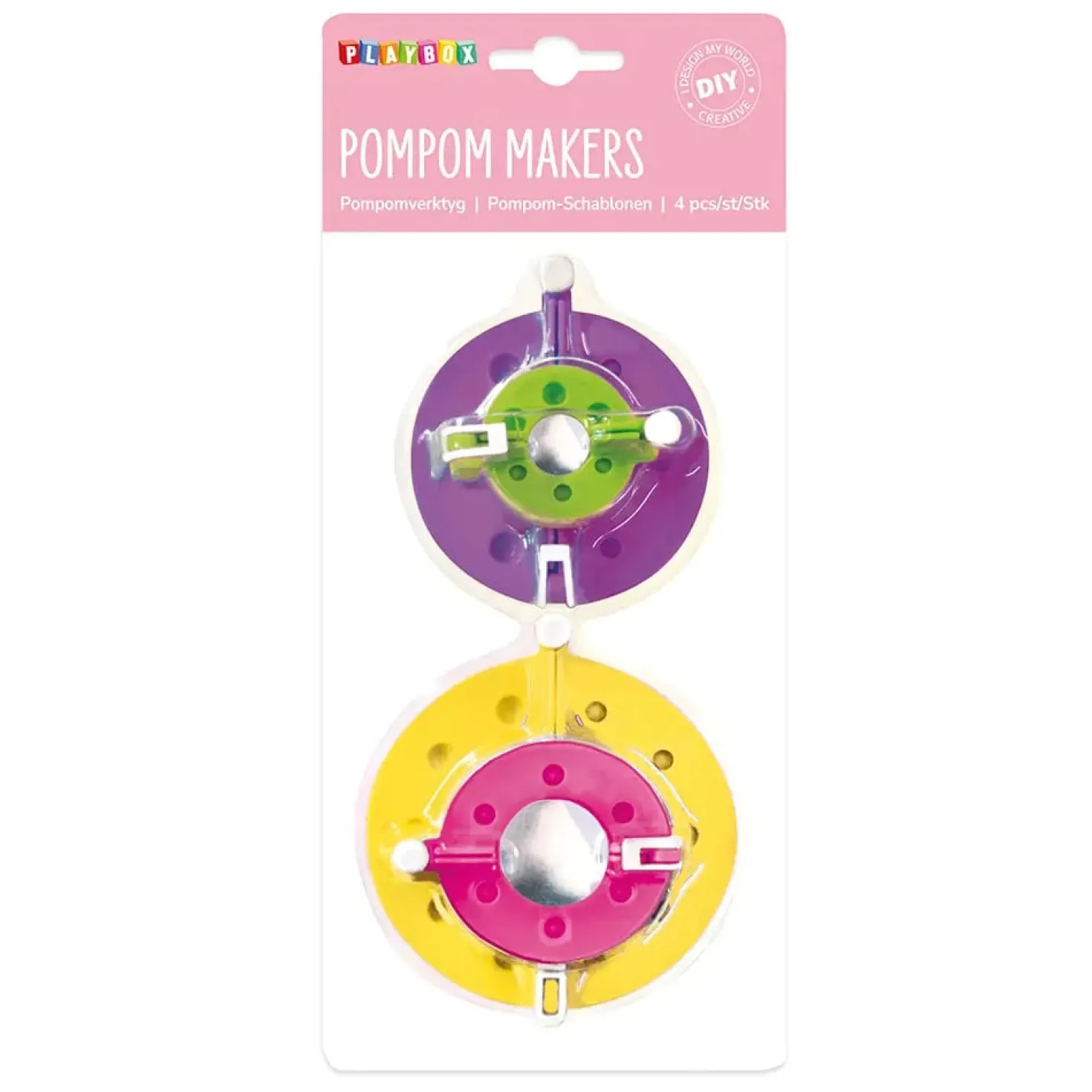 Pompomverktyg Playbox, 4 storlekar, 4-pack