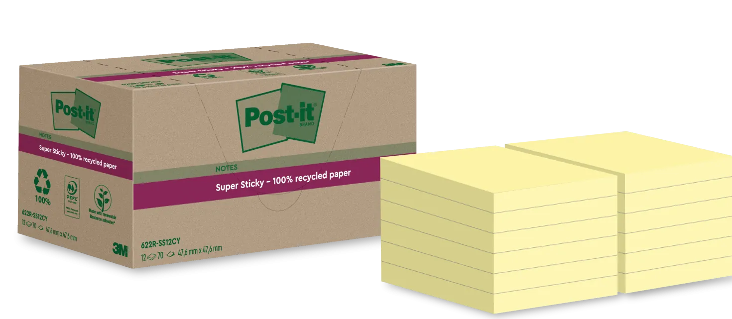Post-it-lappar Post-it Recycled Gul, 47,6x47,6 mm, 12 block