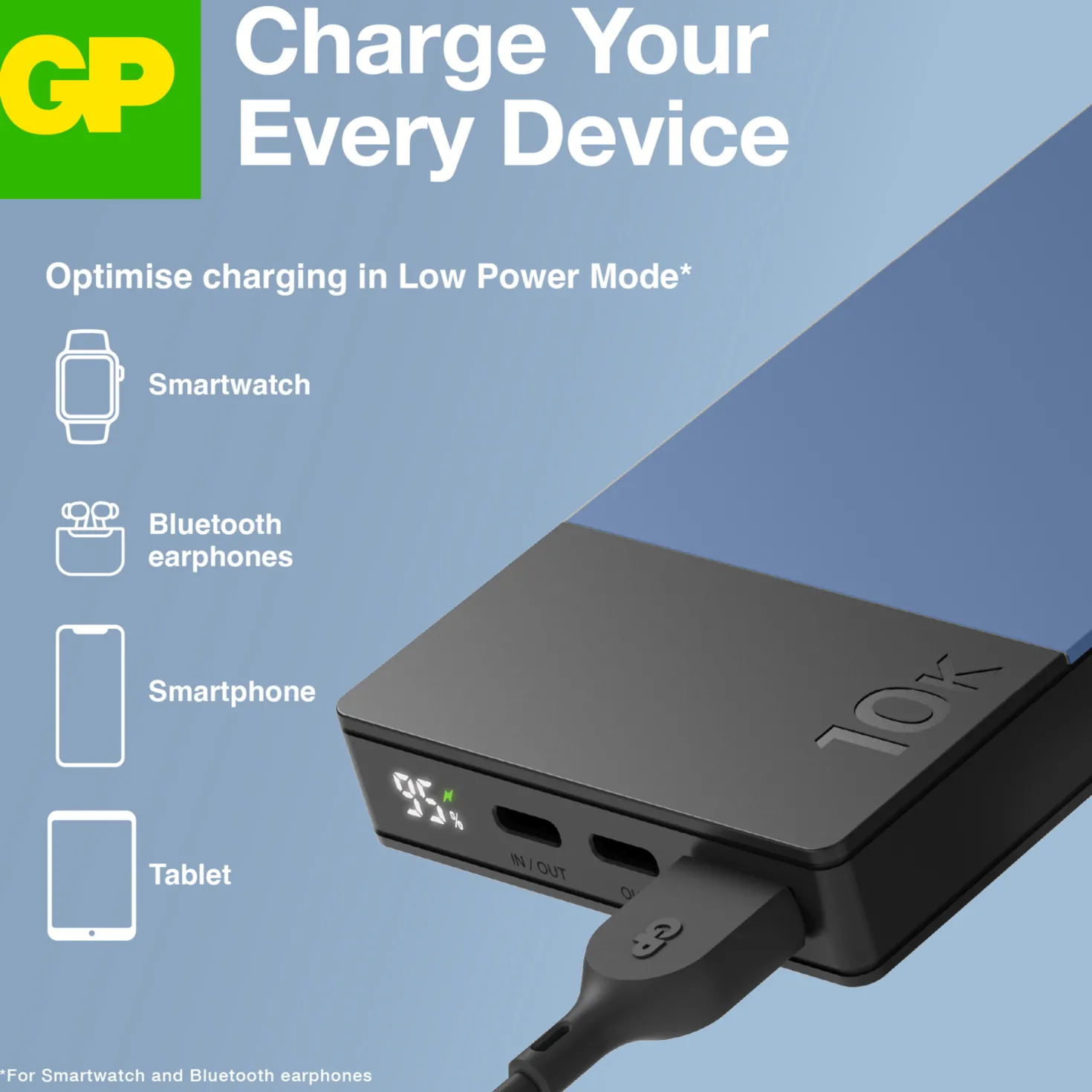 Powerbank GP M2+ 10000 mAh, snabbladdning, blå