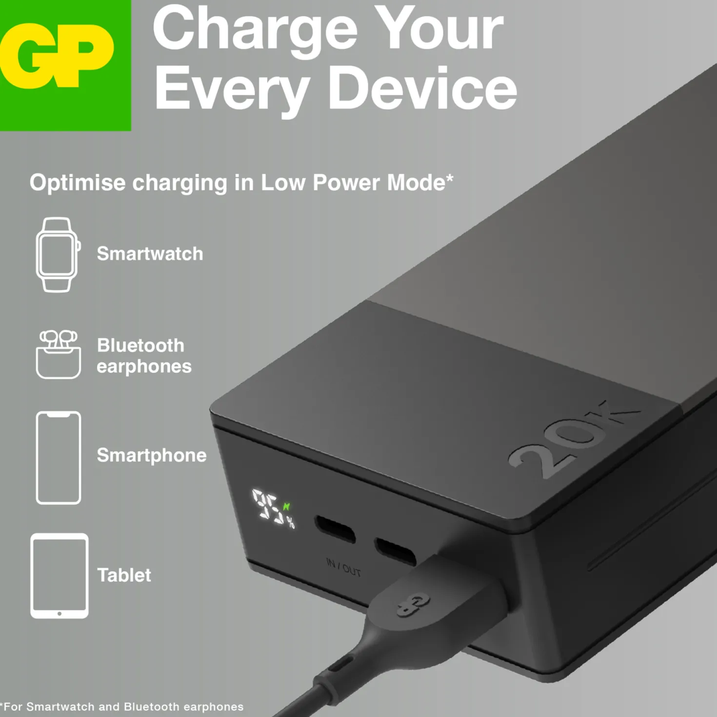 Powerbank GP M2+ 20000 mAh, snabbladdning, grå