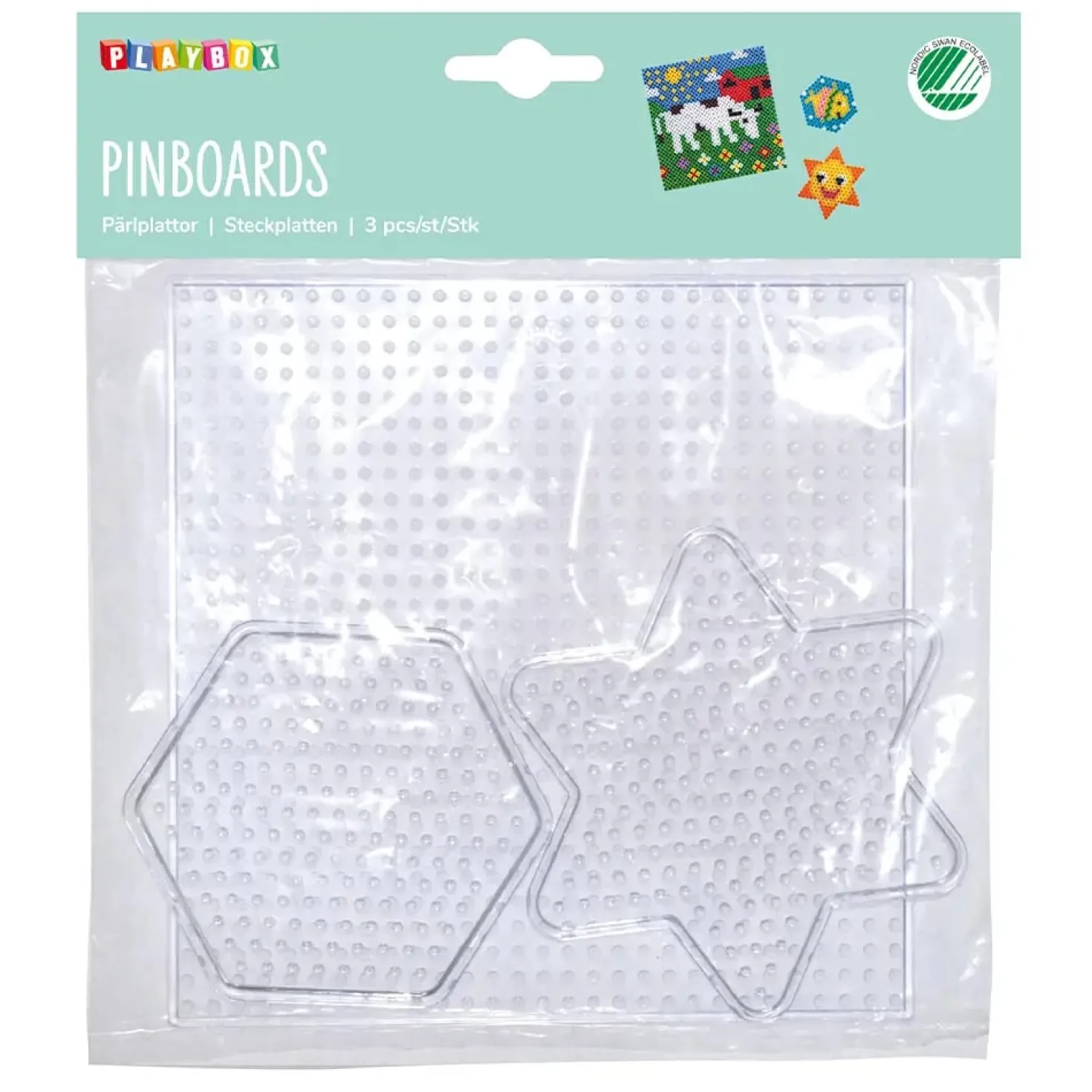 Pärlplattor Playbox, stjärna hexagon kvadrat, transparenta, 3-pack