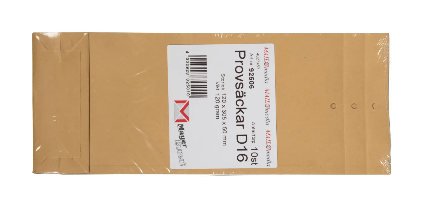 Provpåse D16 Kraftpapper, 125x290mm, 40mm bälg, 10 st