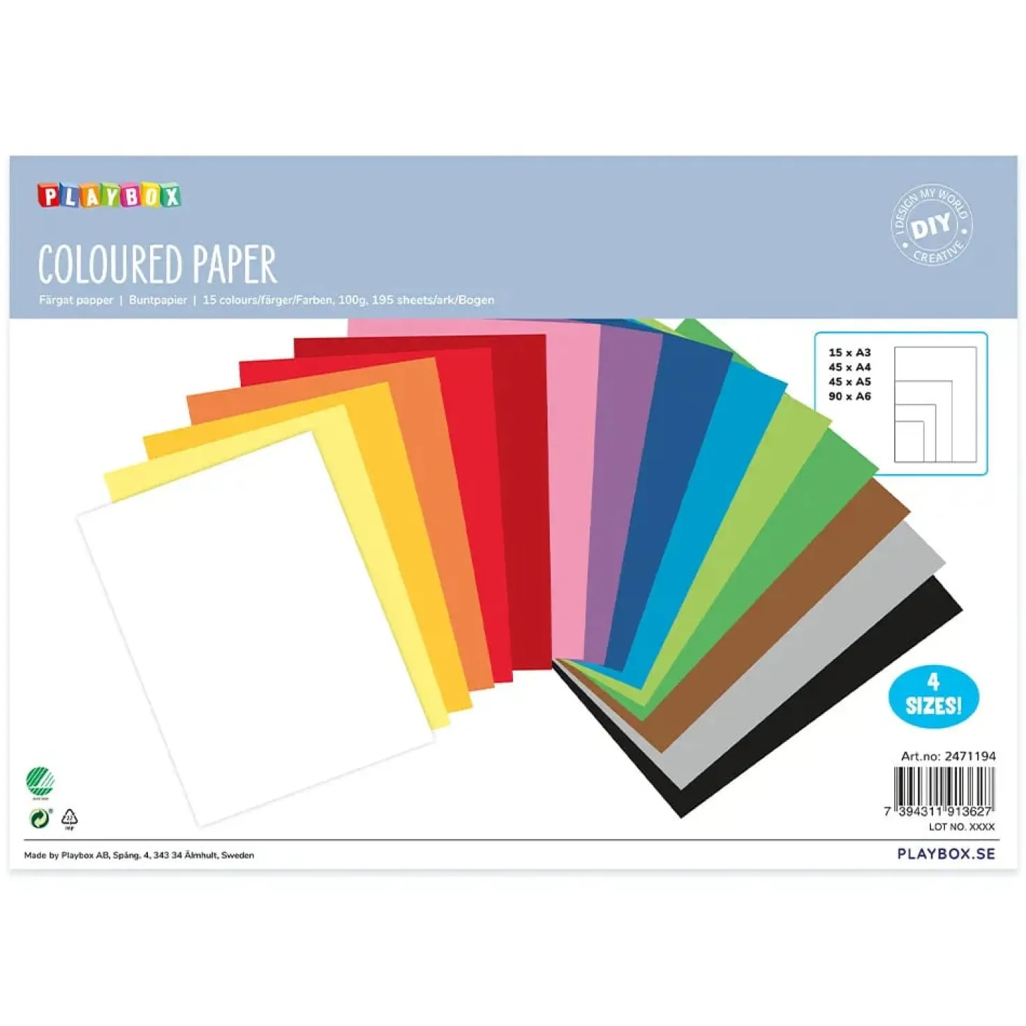 Pysselpapper Playbox Färgmix, 100g, 15 färger, A3-A6