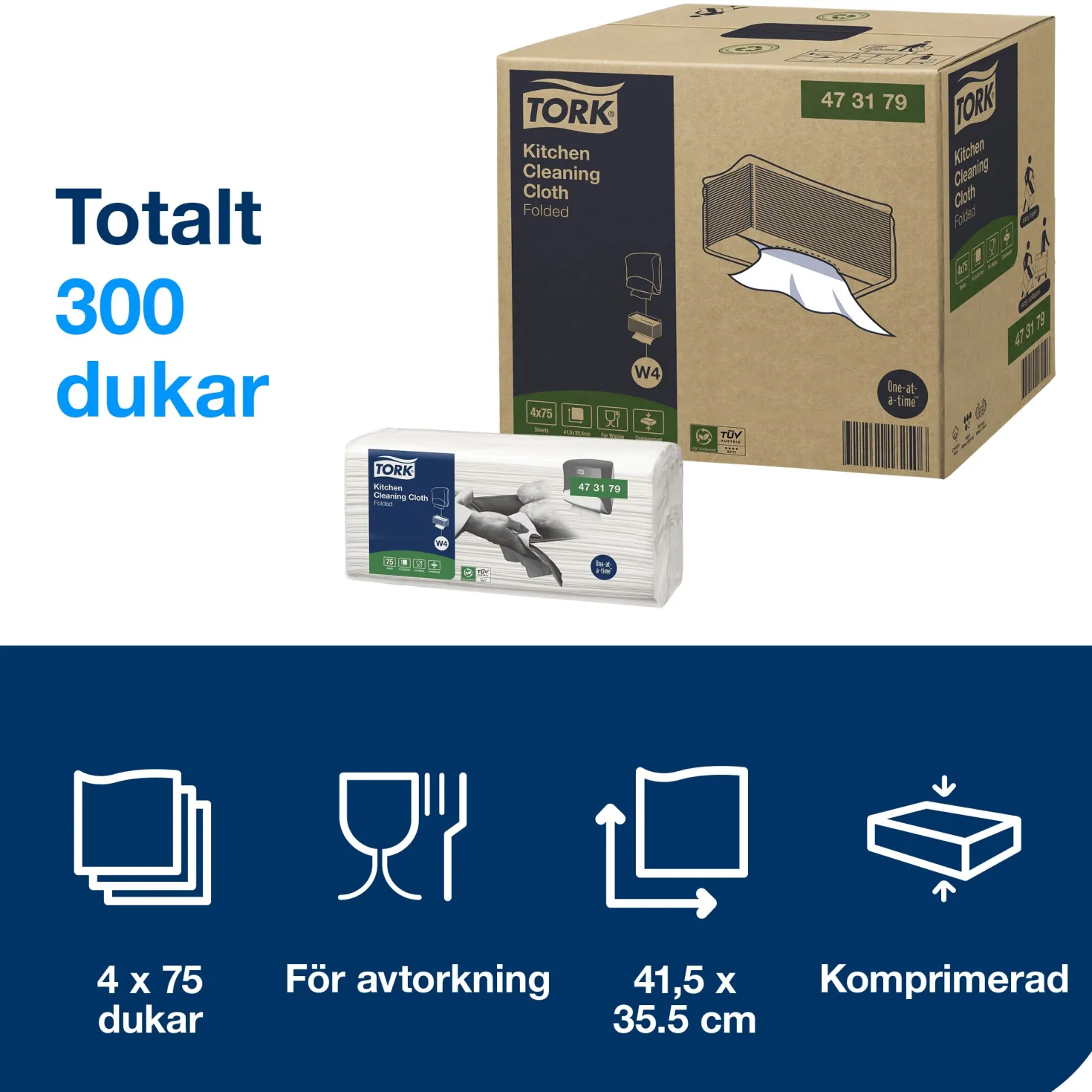 Rengöringsduk Tork W4 Kök, vit, 35,5x42,8cm, 75 st
