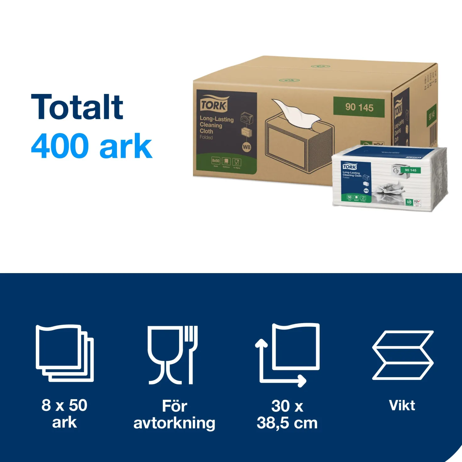 Rengöringsduk Tork W8 Small Pack, vit, 30x38,5cm, 50 st