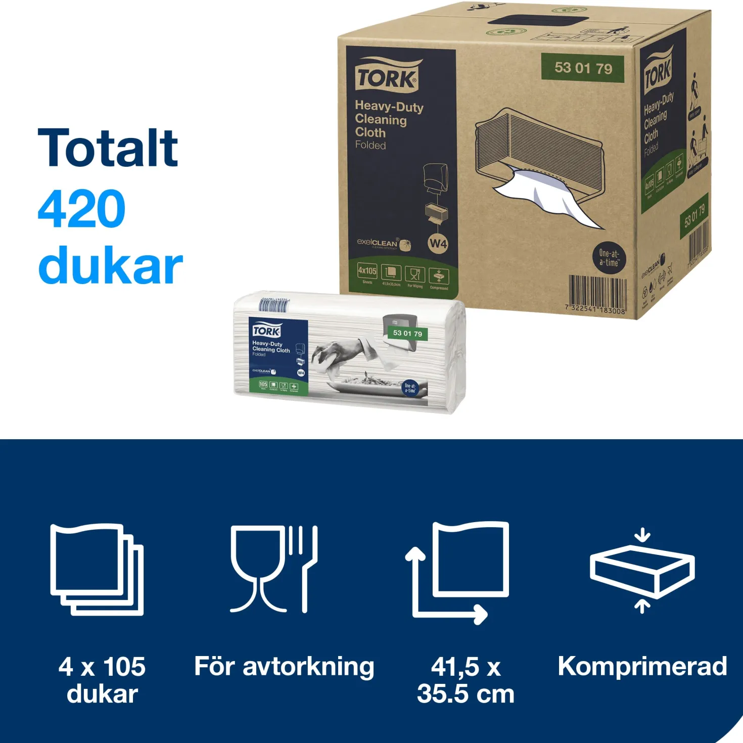 Rengöringsduk Tork W4 Top Pak, vit, 35,5x41,5cm, 105 st