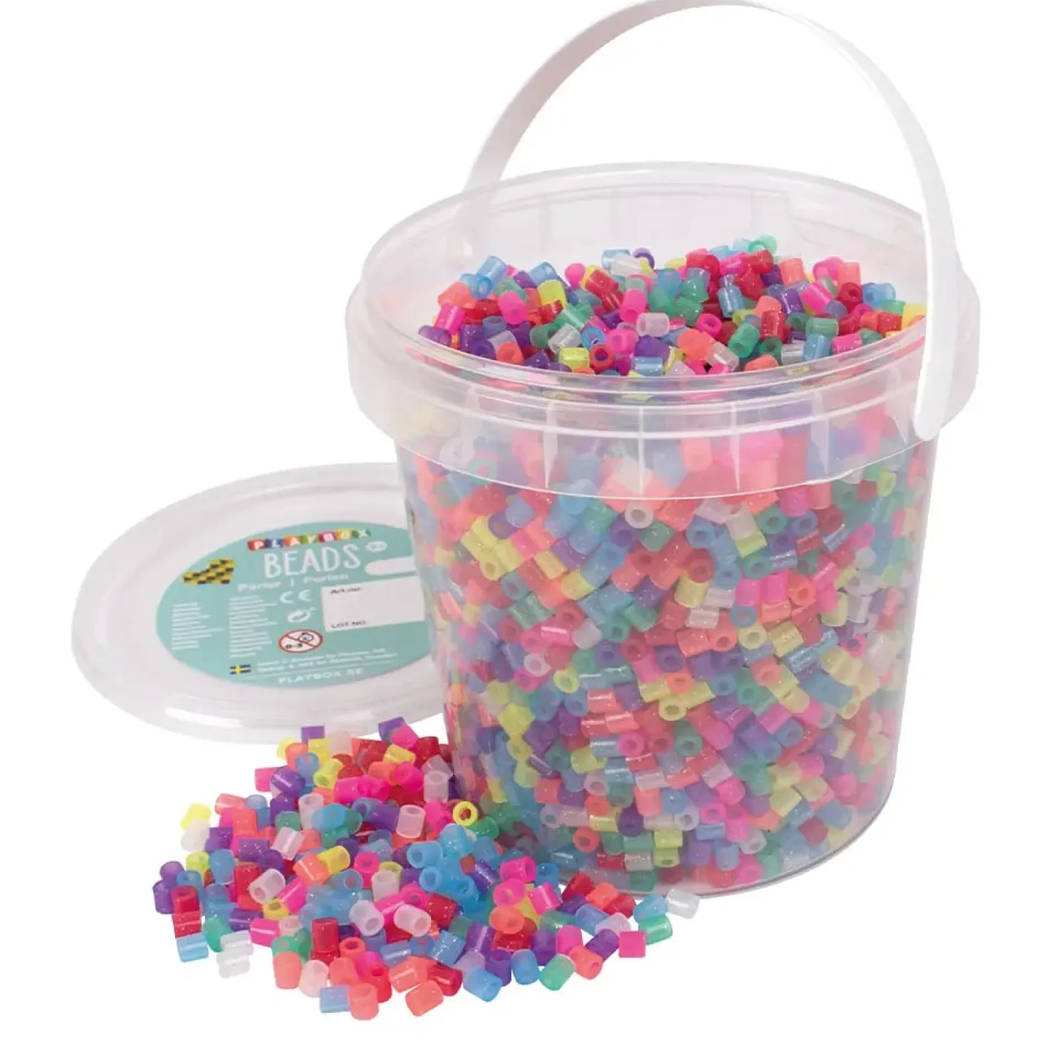 Rörpärlor Playbox Glittermix, med förvaringshink