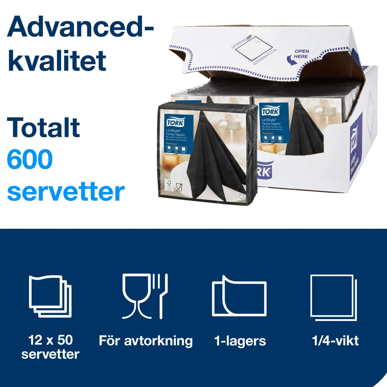Servett Tork LinStyle Nonwoven, svart, 39x39 cm, 50 st