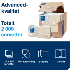 Servett Tork Natur Oblekt, 33x33 cm, 2-lager, 200 st