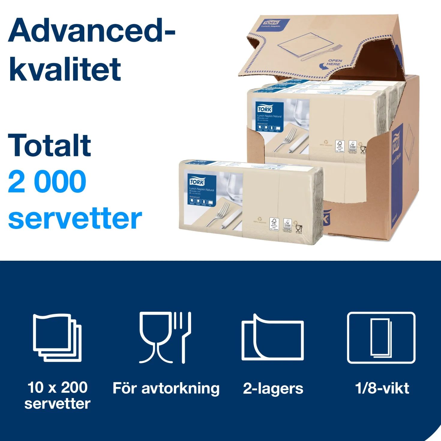 Servett Tork Natur Oblekt, 33x33 cm, 2-lager, 200 st