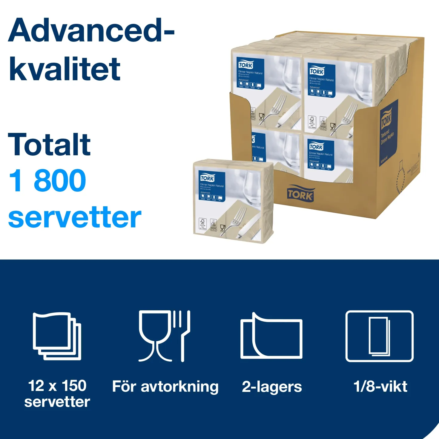 Servett Tork Natur, 39x39 cm, 2-skikts, 150 st