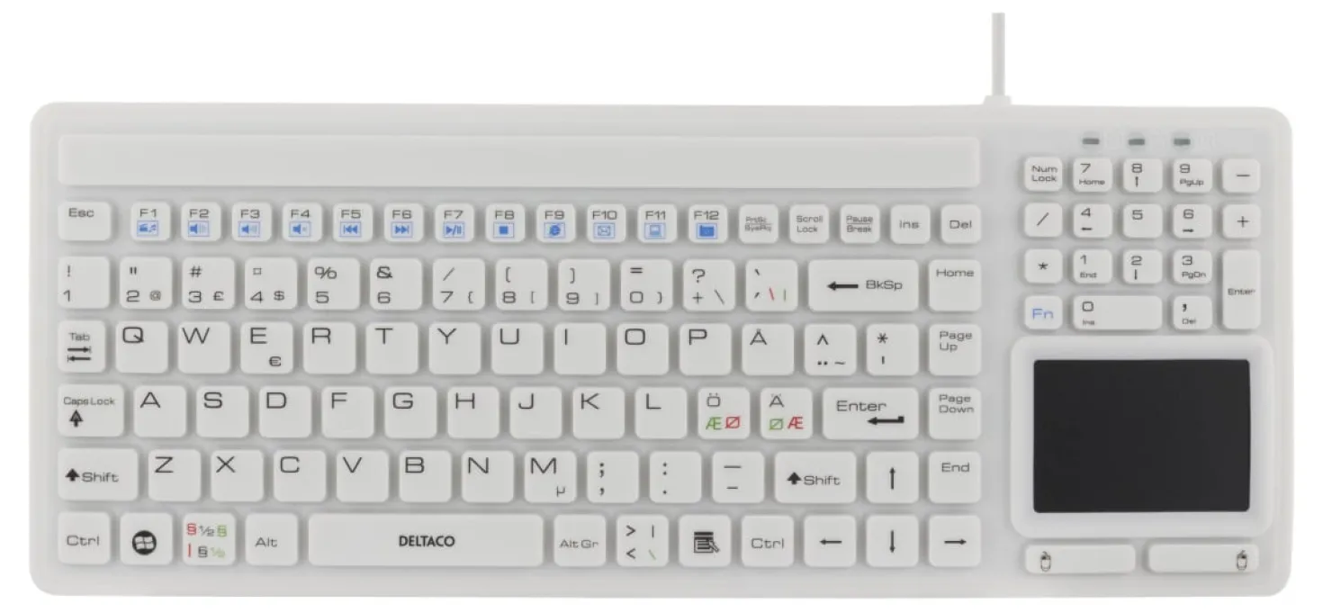 Silikontangentbord Deltaco TB-506 med pekplatta, IP68, 105 tangenter, vit