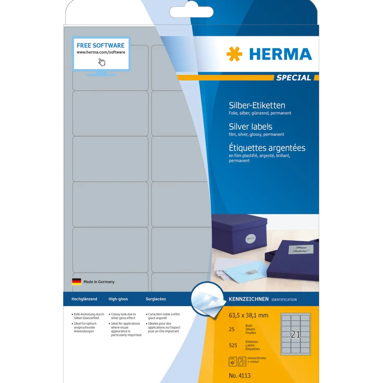 Silveretikett Herma Special 63,5x38,1 mm, polyester, 525 st