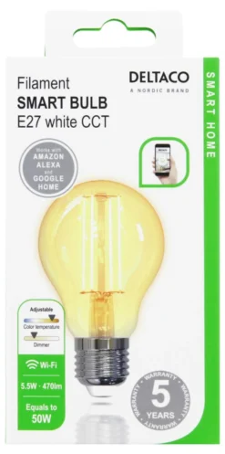 Smart LED-lampa Deltaco SMART HOME Filament E27 WiFi, 5.5W, 470lm