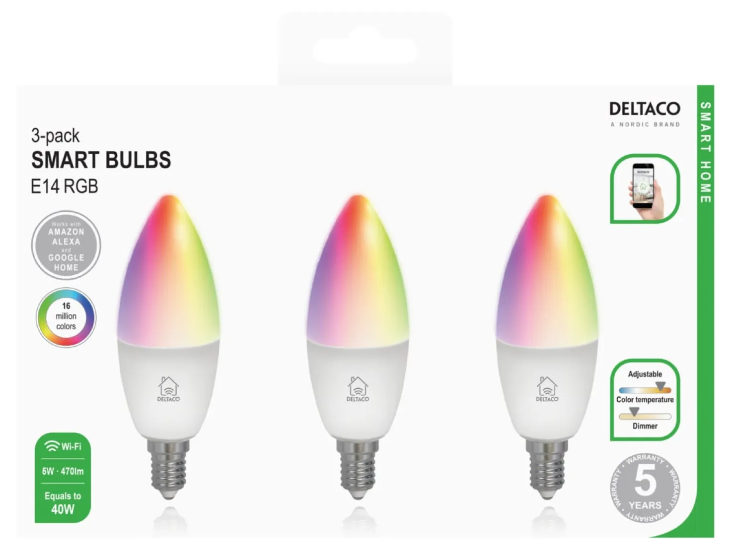 Smart LED-lampa Deltaco SMART HOME E14 RGB, dimbar, 5W, 3-pack