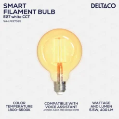 Smart LED-lampa Deltaco SMART HOME Filament E27, WiFi, 470lm, dimbar