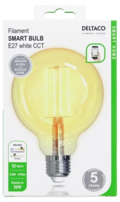 Smart LED-lampa Deltaco SMART HOME Filament E27, WiFi, 470lm, dimbar