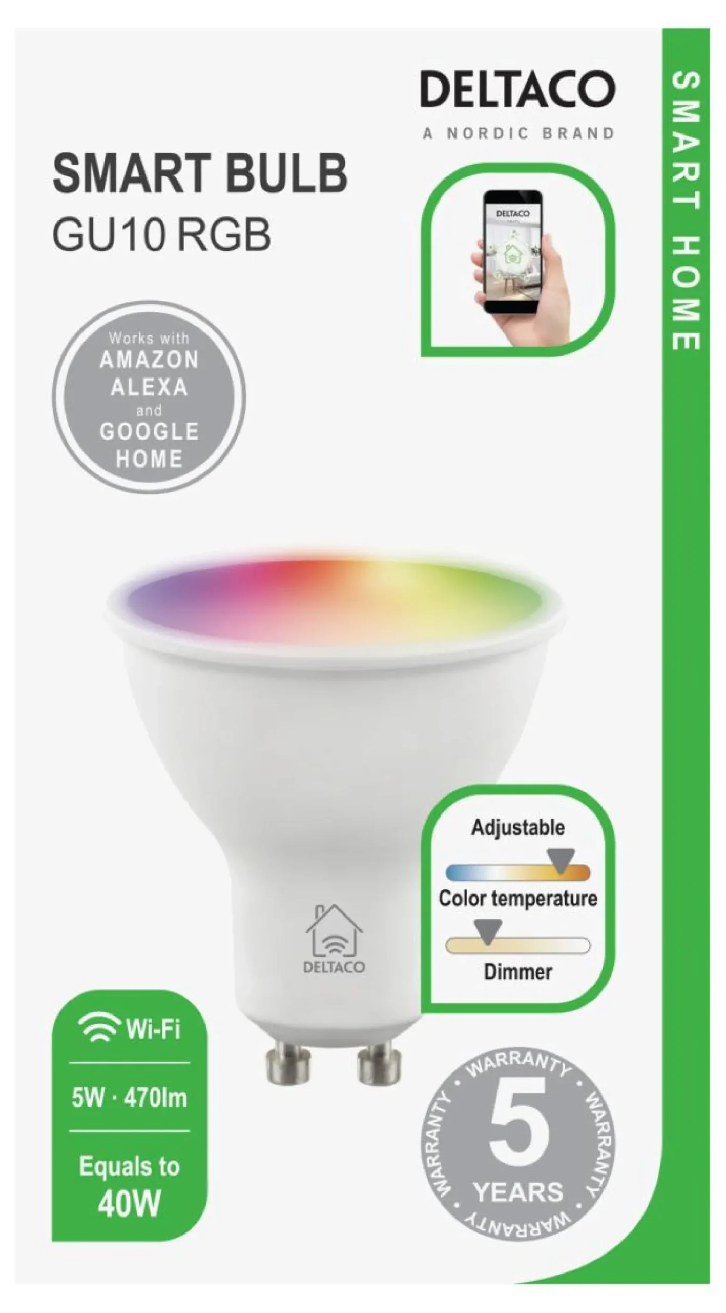 Smart LED-lampa Deltaco Smart Home GU10 RGB, 5W, WiFi