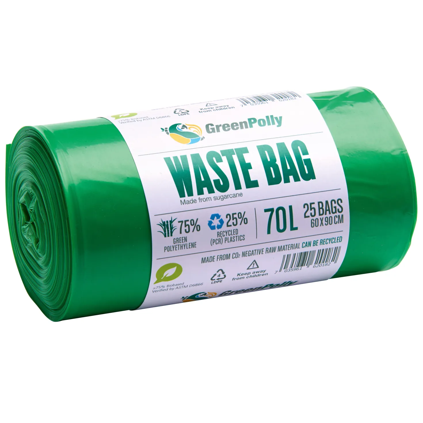 Sopsäck BioBag GreenPolly, grön, 70L per rulle