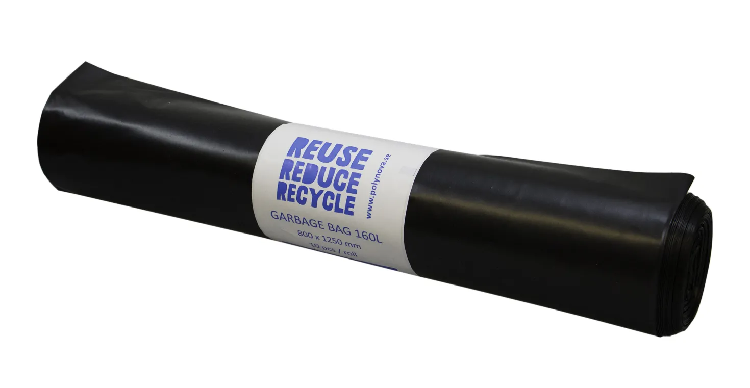 Sopsäck polyBLUE 160L, återvunnen LDPE, svart per rulle