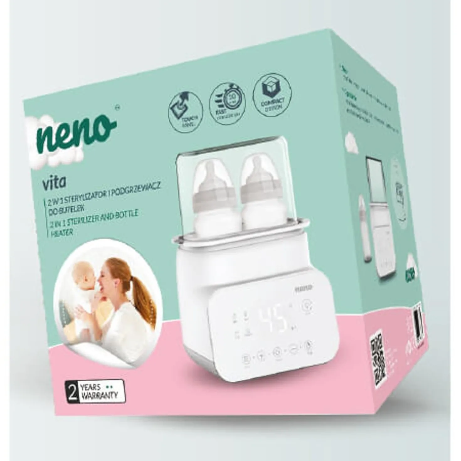 Sterilisator och flaskvärmare NENO Vita, 2 flaskor, 500W, nattljus