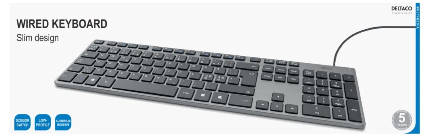 Tangentbord Deltaco TB-801 Lågprofil, trådbundet, PAN Nordisk, 105 tangenter