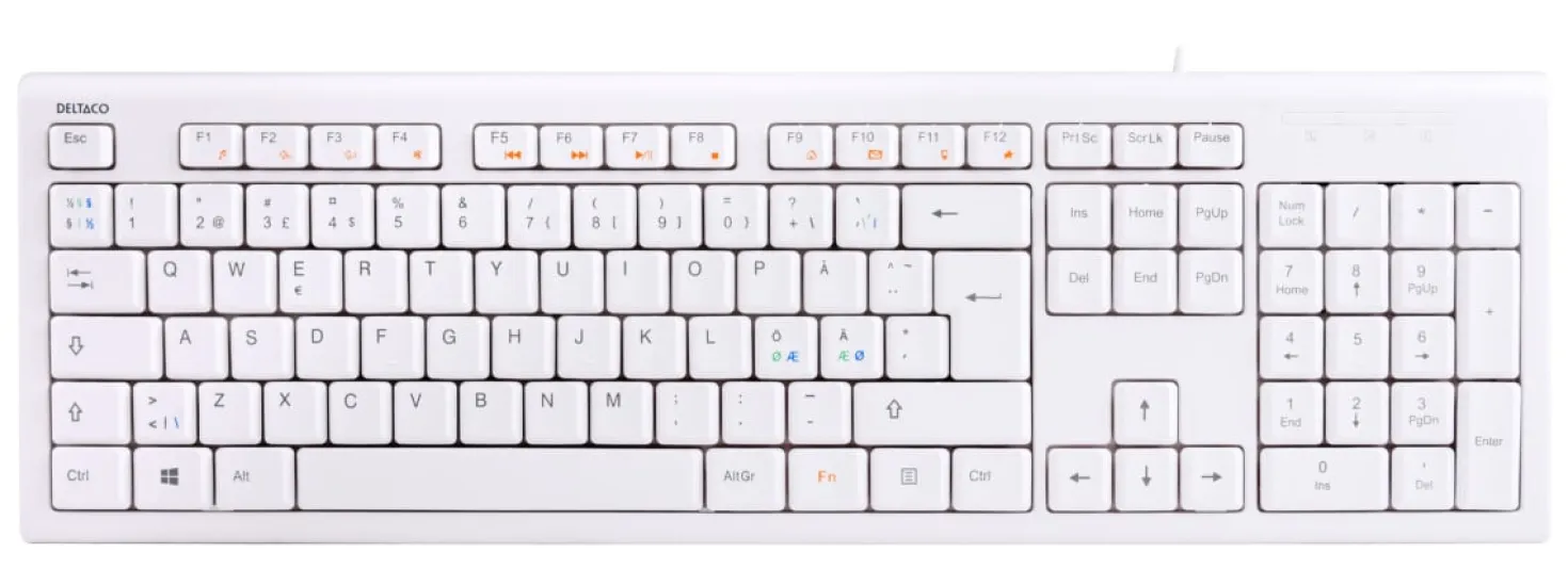 Tangentbord Deltaco TB-628 Nordisk, USB, vit, 13 medieknappar