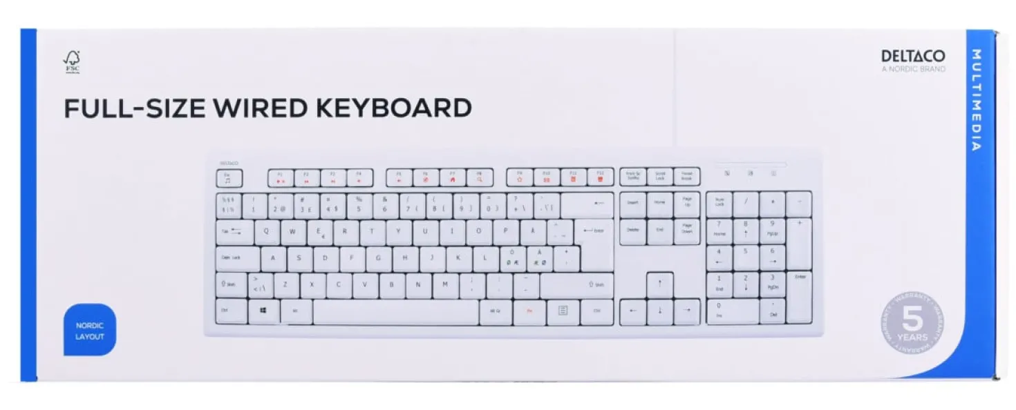 Tangentbord Deltaco TB-628 Nordisk, USB, vit, 13 medieknappar