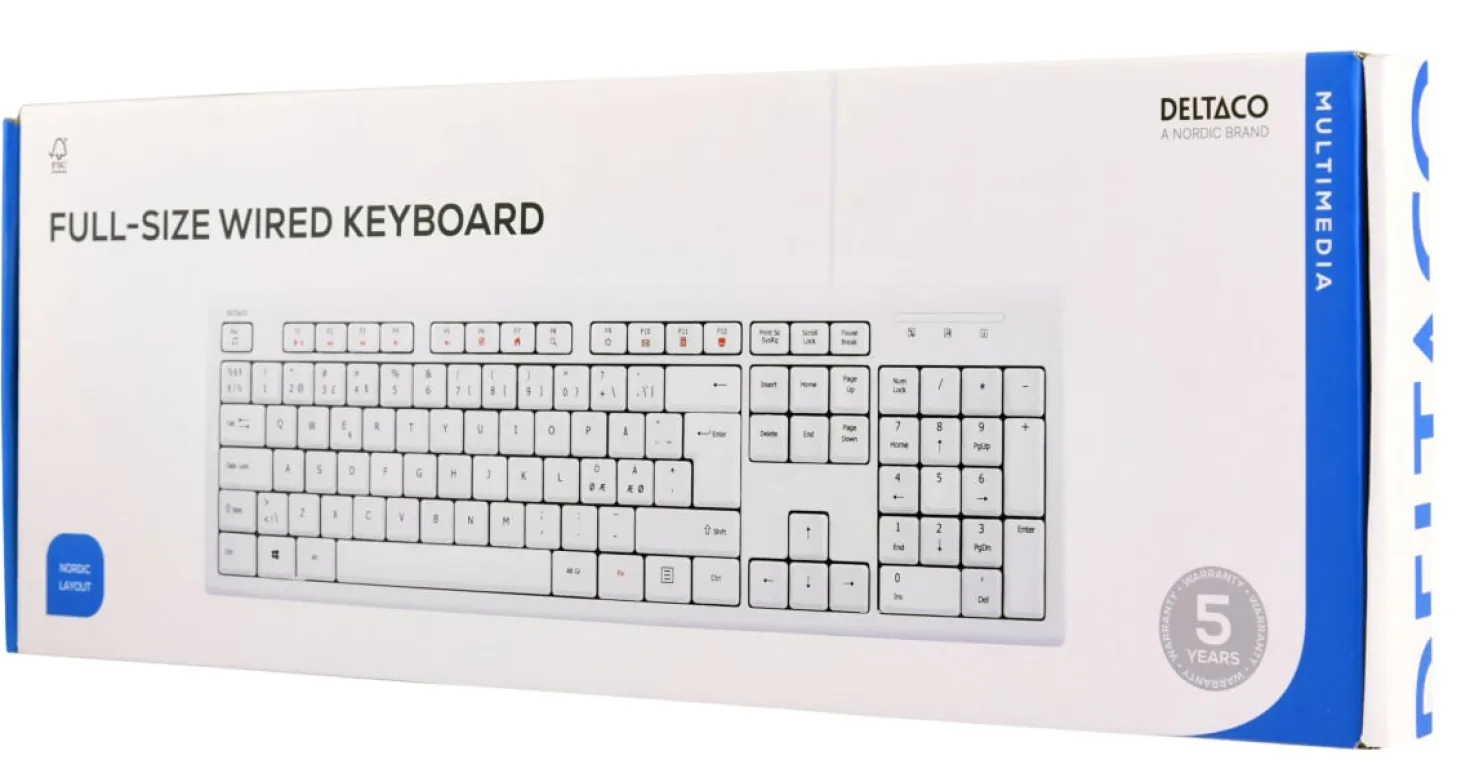 Tangentbord Deltaco TB-628 Nordisk, USB, vit, 13 medieknappar