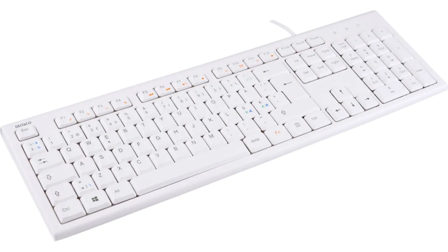 Tangentbord Deltaco TB-628 Nordisk, USB, vit, 13 medieknappar
