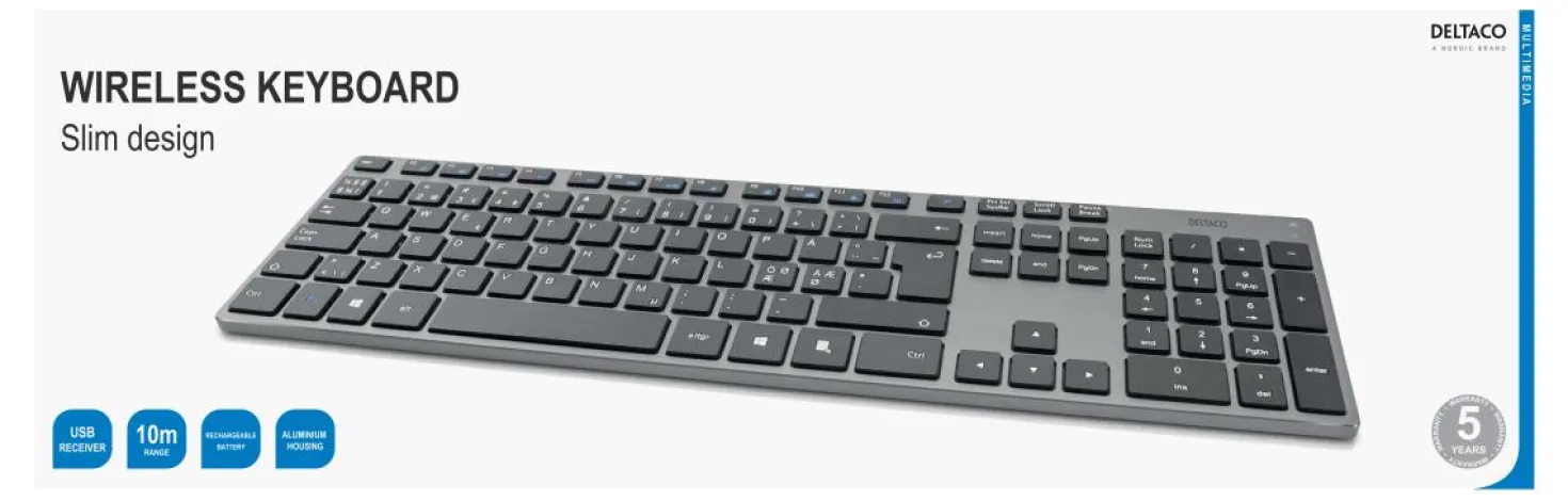 Tangentbord Deltaco TB-802 Trådlöst, 2.4 GHz, rymdgrå aluminium