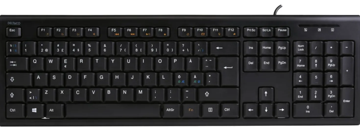 Tangentbord Deltaco USB Nordisk, 105 knappar, 13 medieknappar, svart