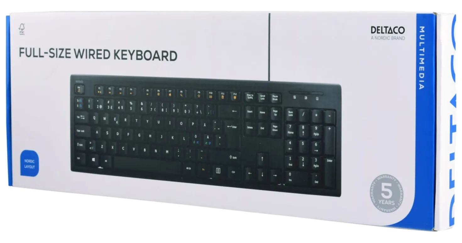 Tangentbord Deltaco USB Nordisk, 105 knappar, 13 medieknappar, svart