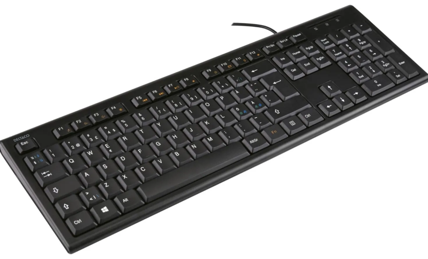 Tangentbord Deltaco USB Nordisk, 105 knappar, 13 medieknappar, svart
