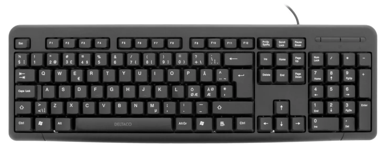 Tangentbord Deltaco USB Svenskt, dämpande tangenter, svart