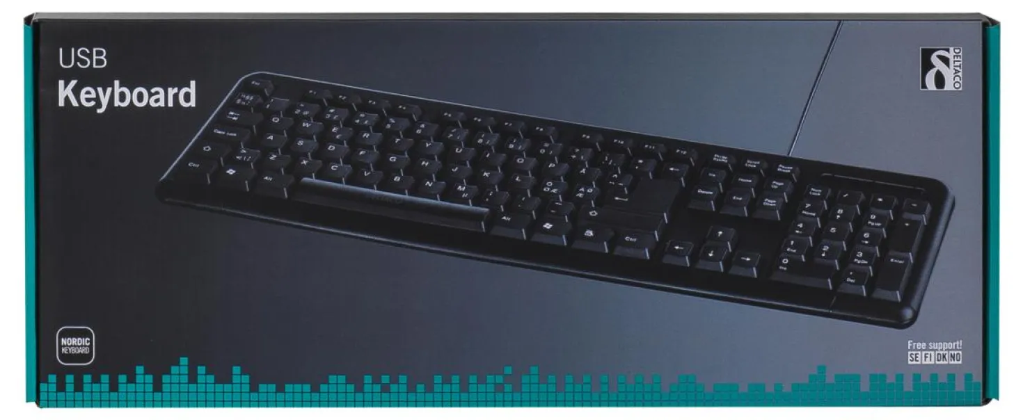 Tangentbord Deltaco USB Svenskt, dämpande tangenter, svart