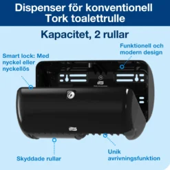 Toalettpappersdispenser Tork T4 Twin, svart, 2 rullar