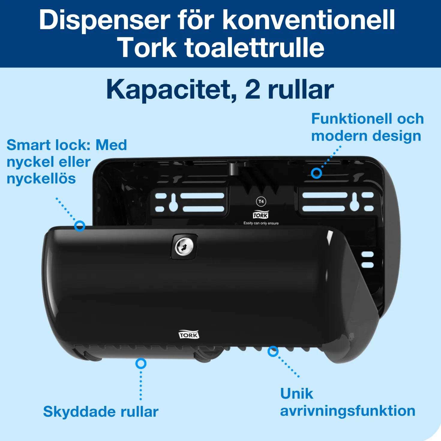 Toalettpappersdispenser Tork T4 Twin, svart, 2 rullar