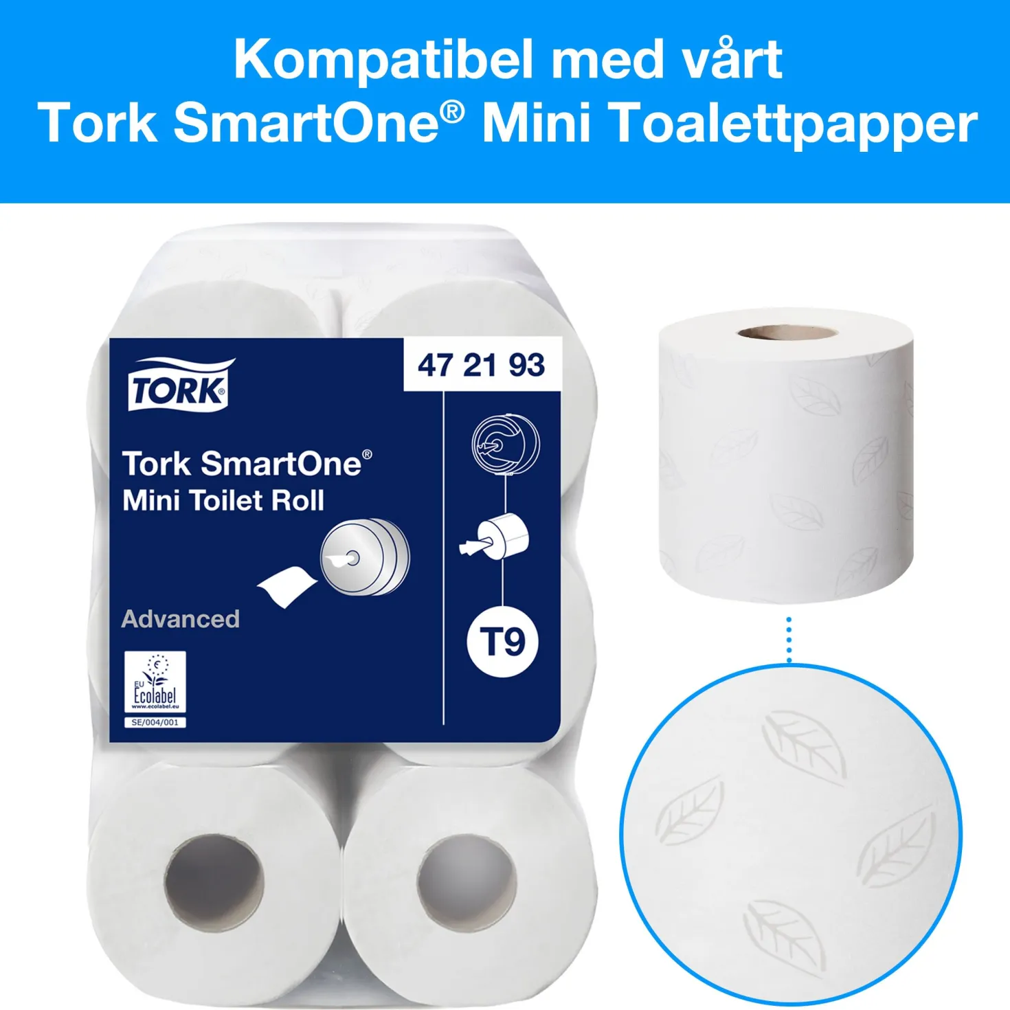 Toalettpappersdispenser Tork T9 SmartOne Mini Twin, vit, 2 rullar
