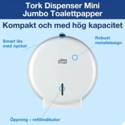 Toalettpappersdispenser Tork Mini Jumbo T2, vit metall