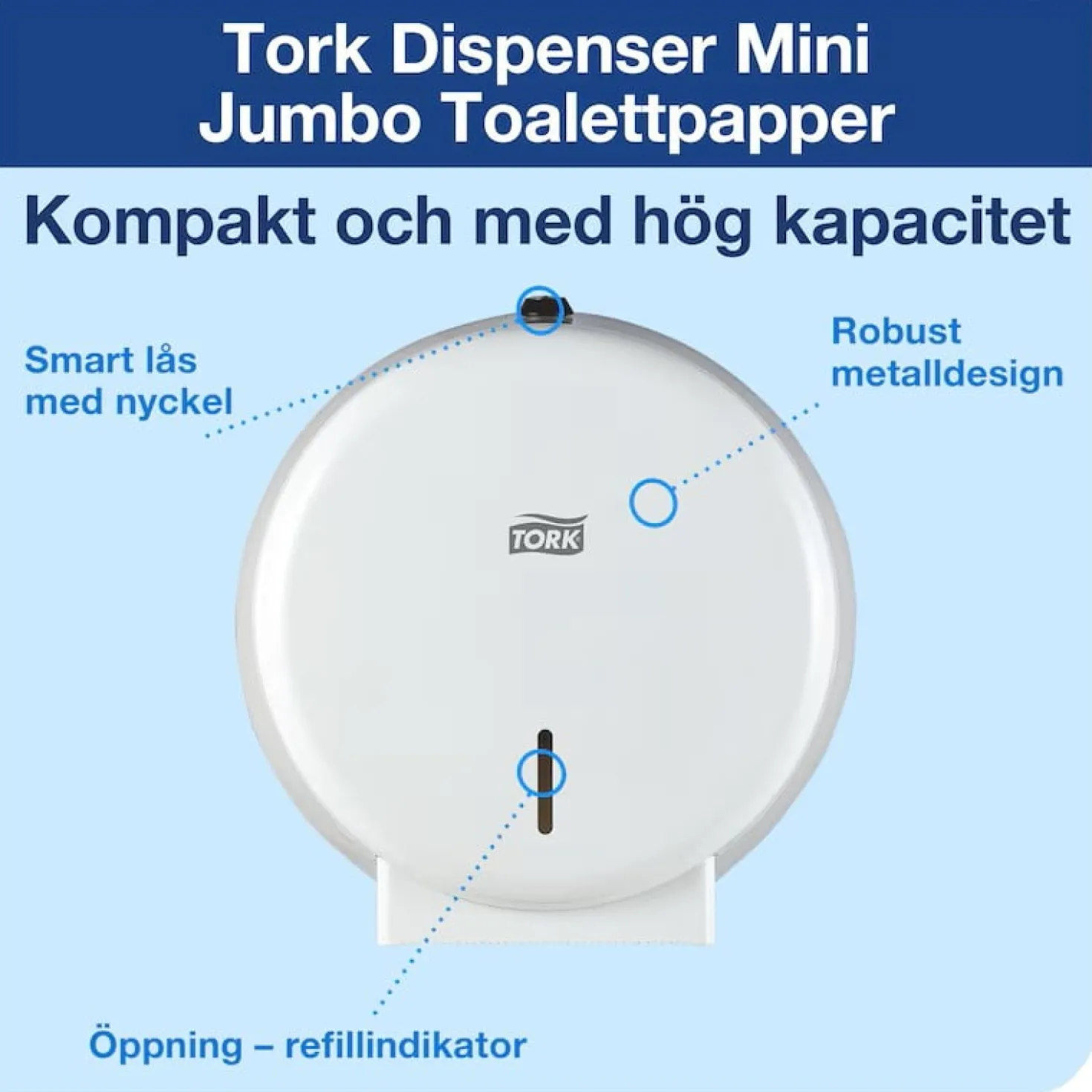 Toalettpappersdispenser Tork Mini Jumbo T2, vit metall