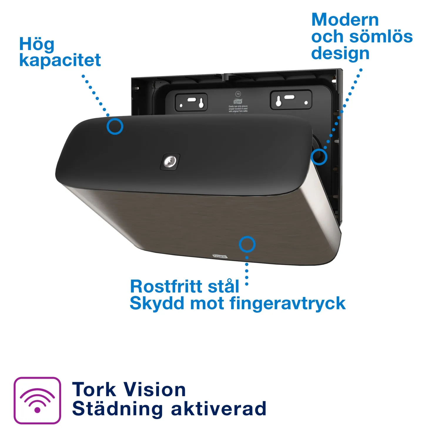 Toalettpappershållare Tork T2 Mini Jumbo, rostfritt stål, låsbar