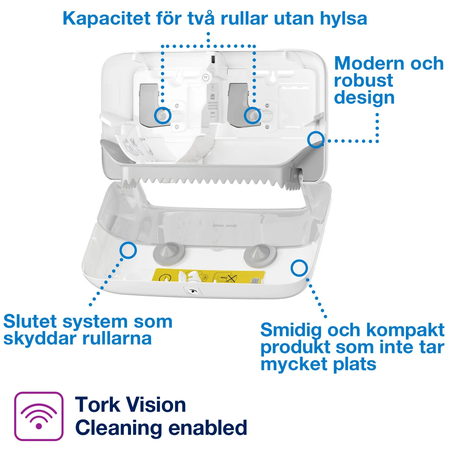 Toalettpappershållare Tork T7 Coreless Twin, vit, för kärnfria rullar