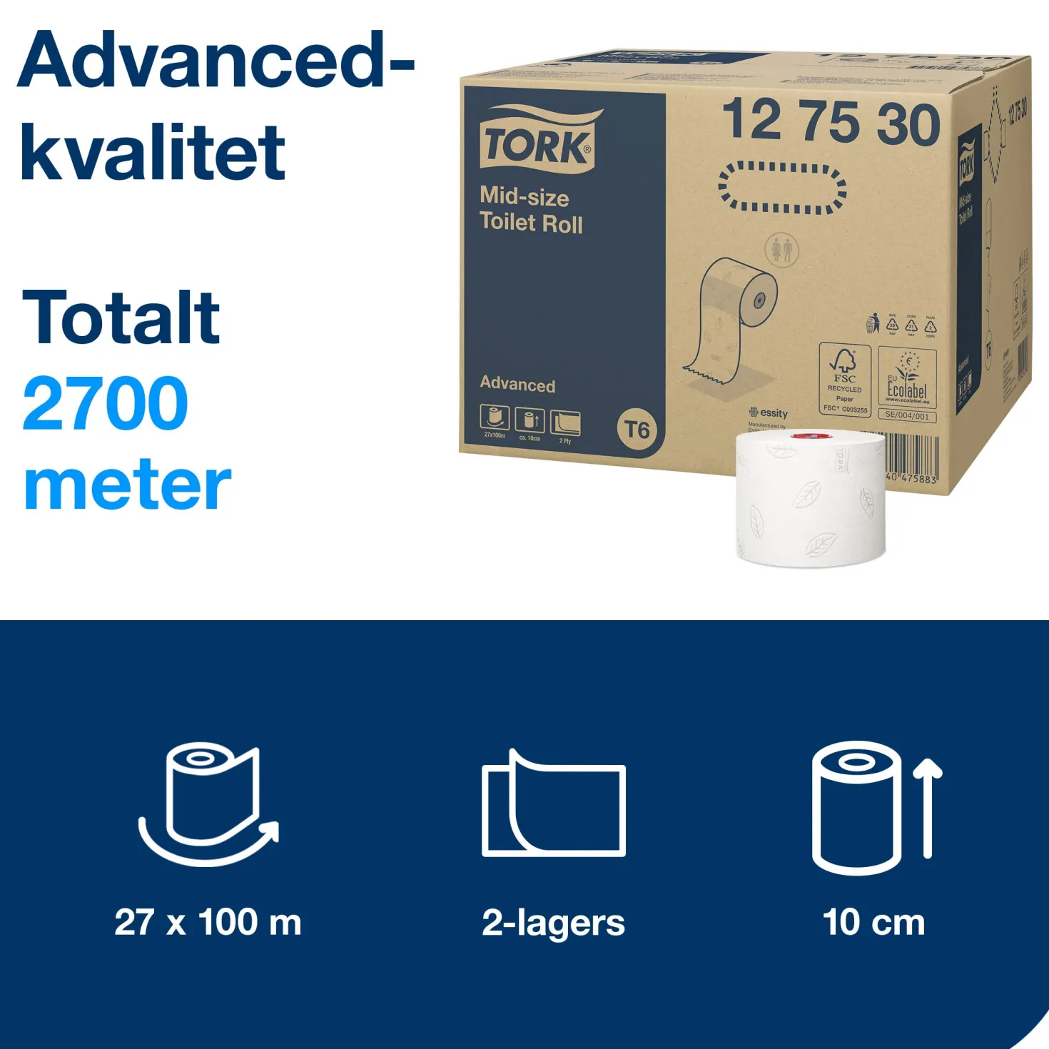Toalettpapper Tork T6 Advanced Mid-size, 2-lags, 100m, 27 rullar