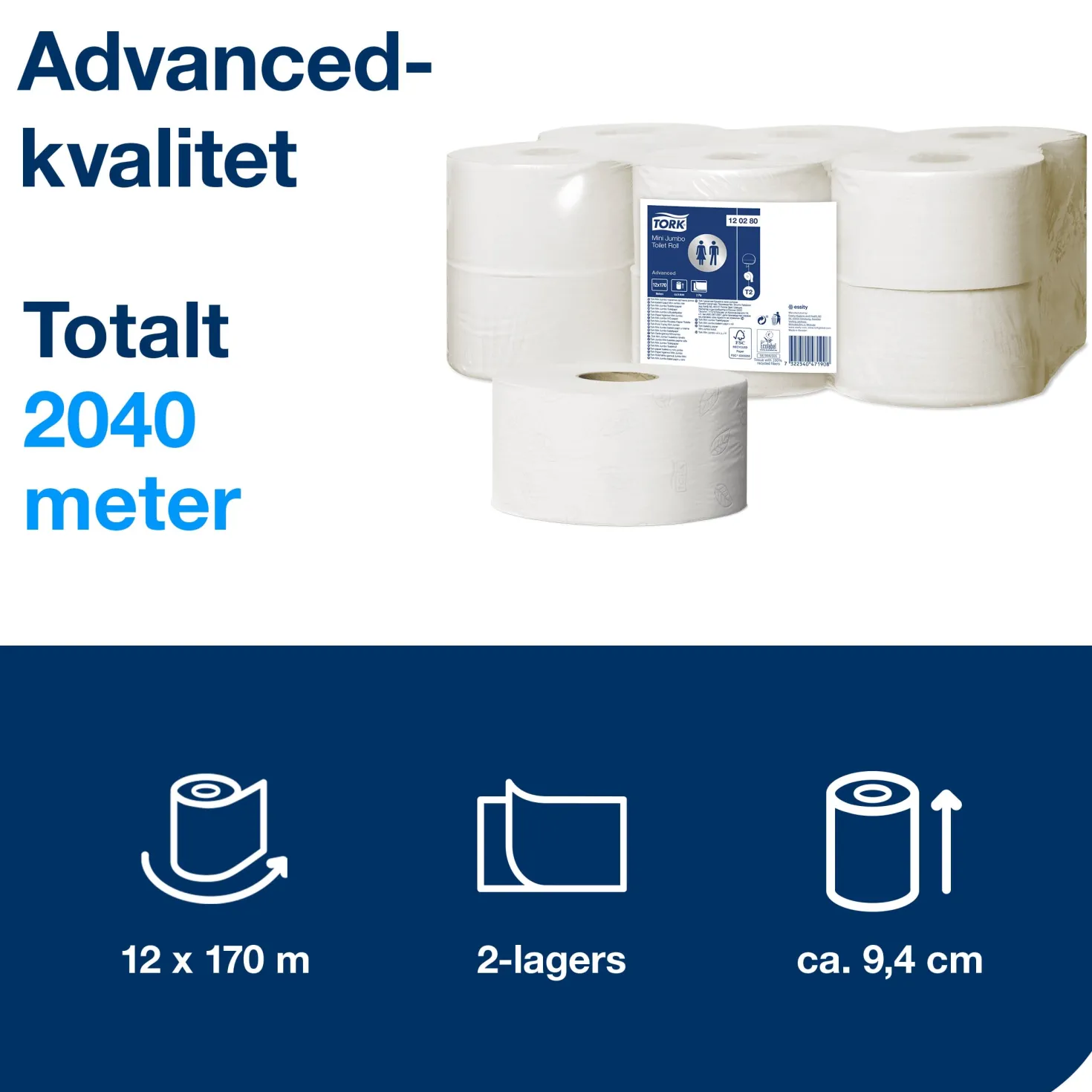 Toalettpapper Tork T2 Advanced Mini Jumbo, 2-lager, 170m, 12 rl