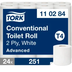 Toalettpapper Tork T4 Advanced 2-lagers, vit, 24 rullar