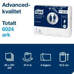 Toalettpapper Tork T4 Advanced 2-lagers, vit, 24 rullar