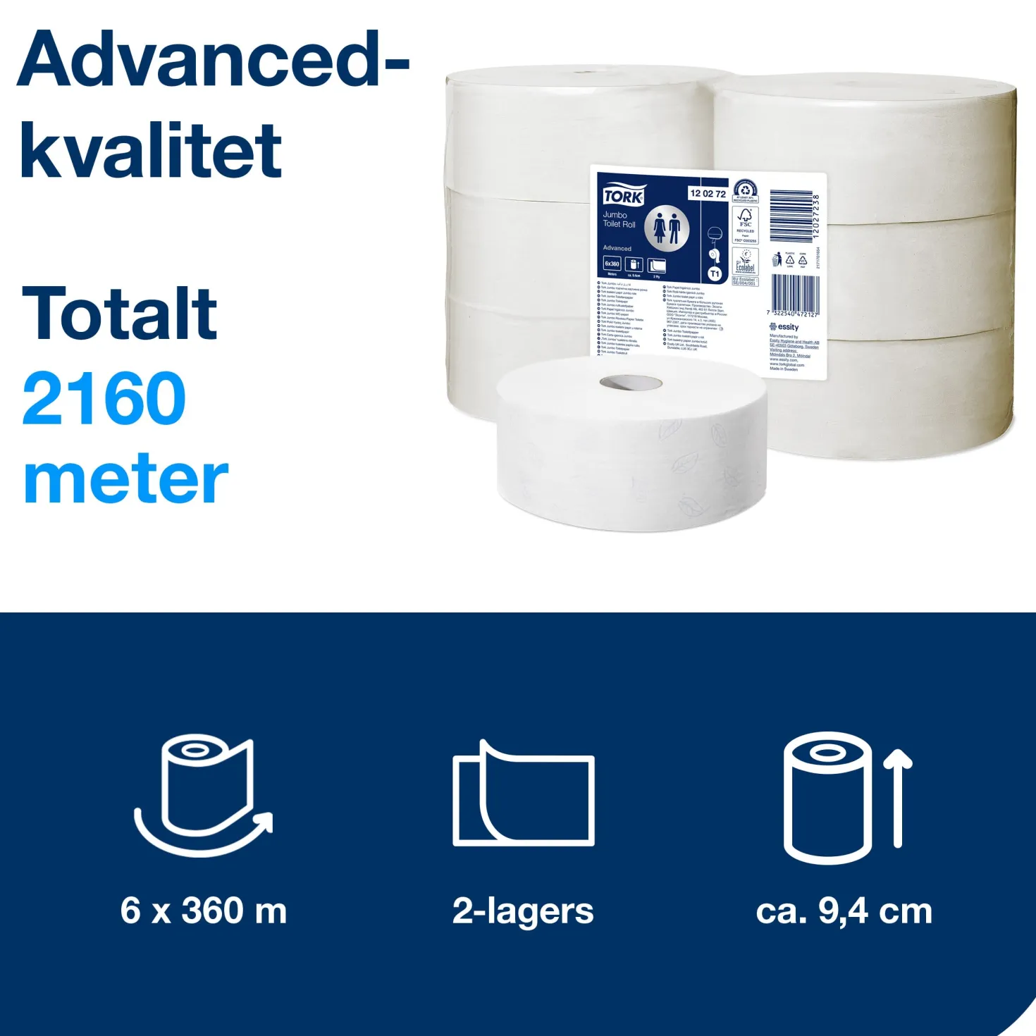 Toalettpapper Tork T1 Advanced Jumbo 2-lag, 360m, 6 rl