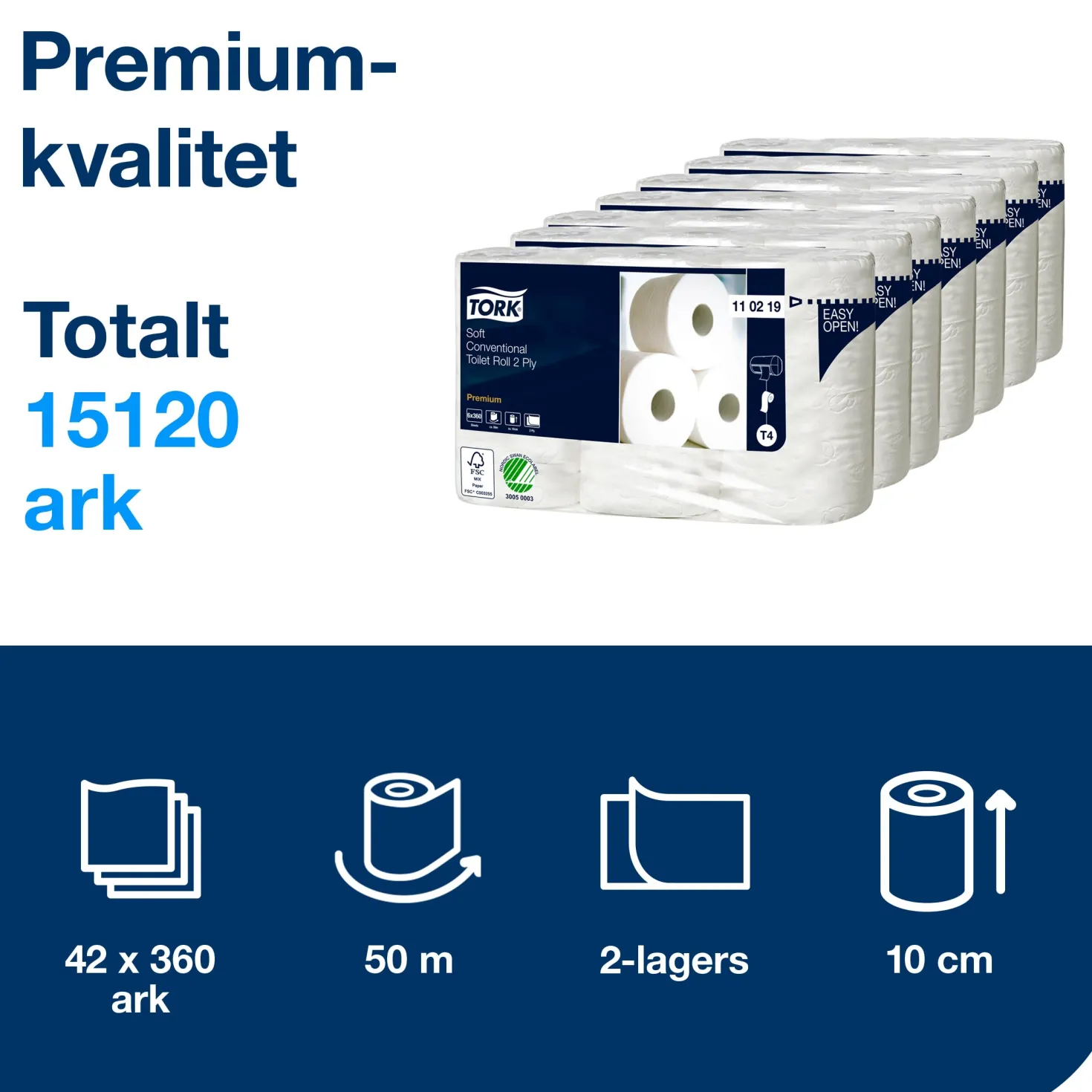 Toalettpapper Tork T4 Premium, 2-lags, Svanenmärkt, 42 rullar