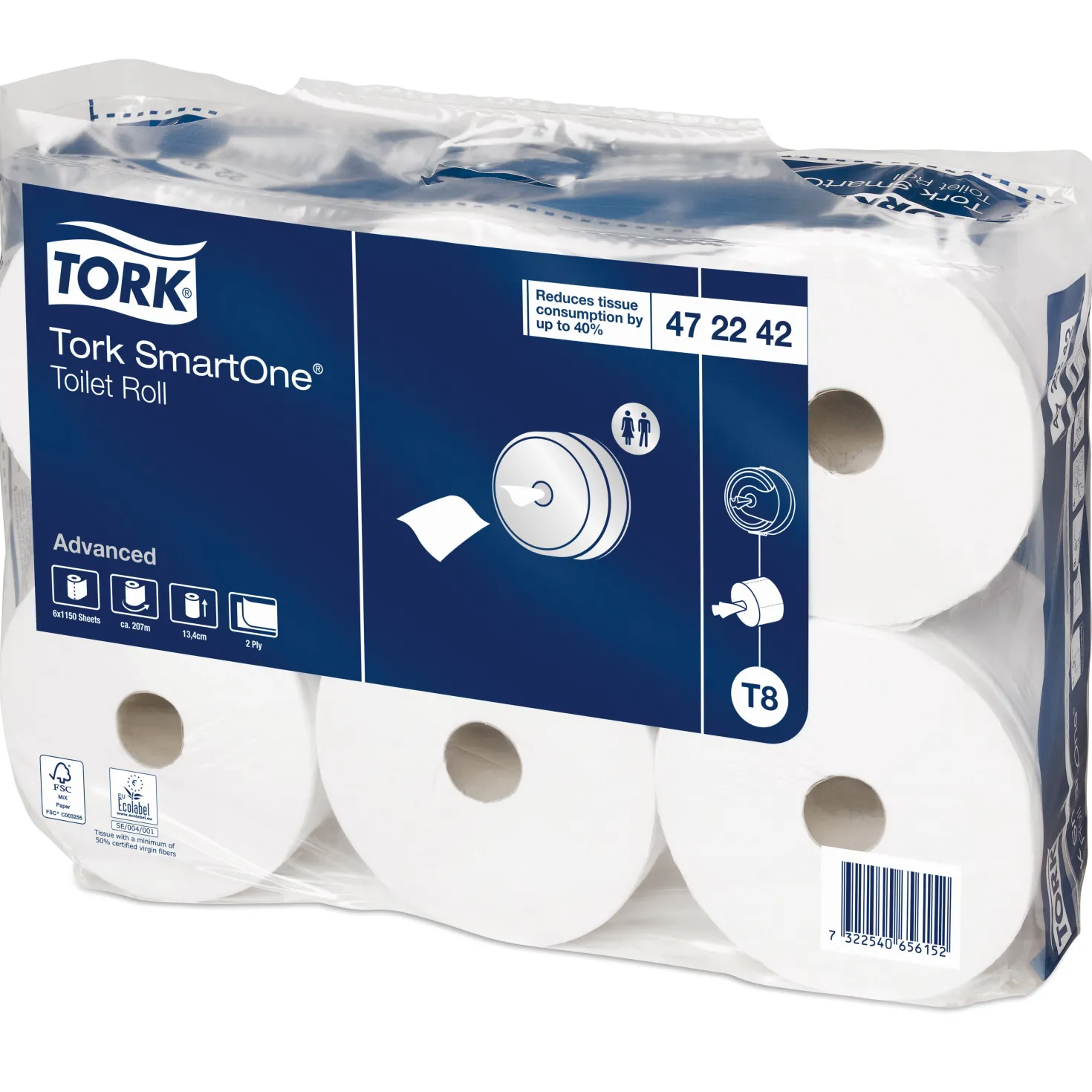 Toalettpapper Tork T8 SmartOne 2-lags, 207m, 6 rullar